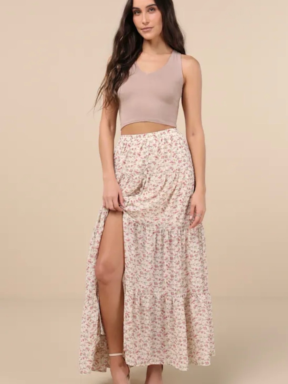Floral Tiered Maxi Skirt in Cream with Pink Print